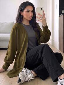 Solavon Yoga Loose Fit Long Cover Up Air Layer Cover-Up Sports Jacket - Army Green - View 6
