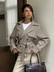 Siren Gaze New Women's Brown Plaid Cropped Trench Coat For Autumn And Winter-Perfect For Daily Commutes, Outings, And Social Gatherings - Brown - View 9