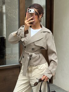 Siren Gaze New Women's Brown Plaid Cropped Trench Coat For Autumn And Winter-Perfect For Daily Commutes, Outings, And Social Gatherings - Brown - View 3