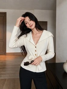 Yumoku Women's French Style Button Long Sleeve Knit Cardigan Christmas Sweater Fall Clothes For Women Winter Outfit For Women - Apricot - View 4