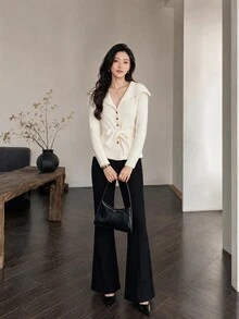 Yumoku Women's French Style Button Long Sleeve Knit Cardigan Christmas Sweater Fall Clothes For Women Winter Outfit For Women - Apricot - View 5