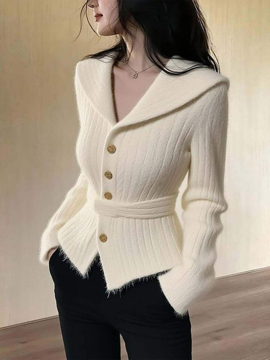 Yumoku Women's French Style Button Long Sleeve Knit Cardigan Christmas Sweater Fall Clothes For Women Winter Outfit For Women - Apricot - View 1