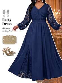 Fleurora Plus Size Women's Contrast Lace Lantern Sleeve V-Neck Elegant Dress - Navy Blue - View 7