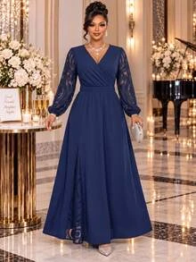 Fleurora Plus Size Women's Contrast Lace Lantern Sleeve V-Neck Elegant Dress - Navy Blue - View 2