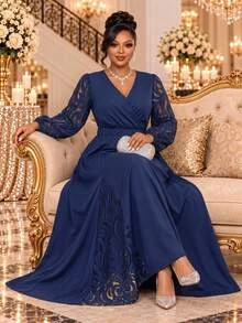 Fleurora Plus Size Women's Contrast Lace Lantern Sleeve V-Neck Elegant Dress - Navy Blue - View 1