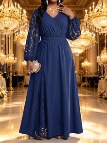 Fleurora Plus Size Women's Contrast Lace Lantern Sleeve V-Neck Elegant Dress - Navy Blue - View 6