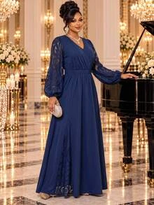 Fleurora Plus Size Women's Contrast Lace Lantern Sleeve V-Neck Elegant Dress - Navy Blue - View 4