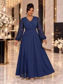 Fleurora Plus Size Women's Contrast Lace Lantern Sleeve V-Neck Elegant Dress - Navy Blue - View 5