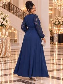 Fleurora Plus Size Women's Contrast Lace Lantern Sleeve V-Neck Elegant Dress - Navy Blue - View 3