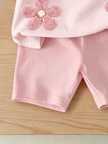 SHEIN 2pcs/Set Casual Fashionable Versatile Spring/Summer Young Girls T-Shirt Set Pink Floral Pattern Top Round Neck Short Sleeve Bike Shorts - Multicolor - View 6