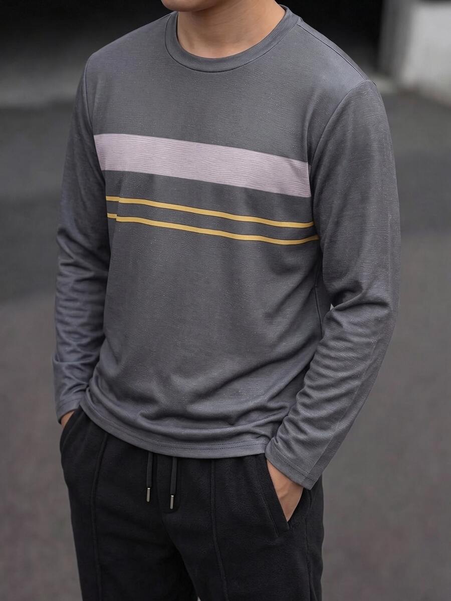 Boys' Casual Colorblock Striped Print Crew Neck Long Sleeve T-Shirt, Suitable For Spring/Autumn Daily Casual Wear, Comfortable Fabric, Fashionable Fit - Grey - View 1