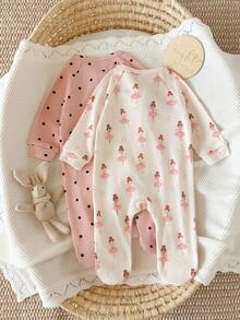 Cozy Pixies 2pcs Newborn Baby Casual Daily Comfortable Printed Long Sleeve Autumn Winter Jumpsuit Wear 2 Styles 1 Each 2 Pieces Set - Pink - View 2