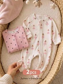 Cozy Pixies 2pcs Newborn Baby Casual Daily Comfortable Printed Long Sleeve Autumn Winter Jumpsuit Wear 2 Styles 1 Each 2 Pieces Set - Pink - View 9