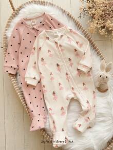 Cozy Pixies 2pcs Newborn Baby Casual Daily Comfortable Printed Long Sleeve Autumn Winter Jumpsuit Wear 2 Styles 1 Each 2 Pieces Set - Pink - View 6