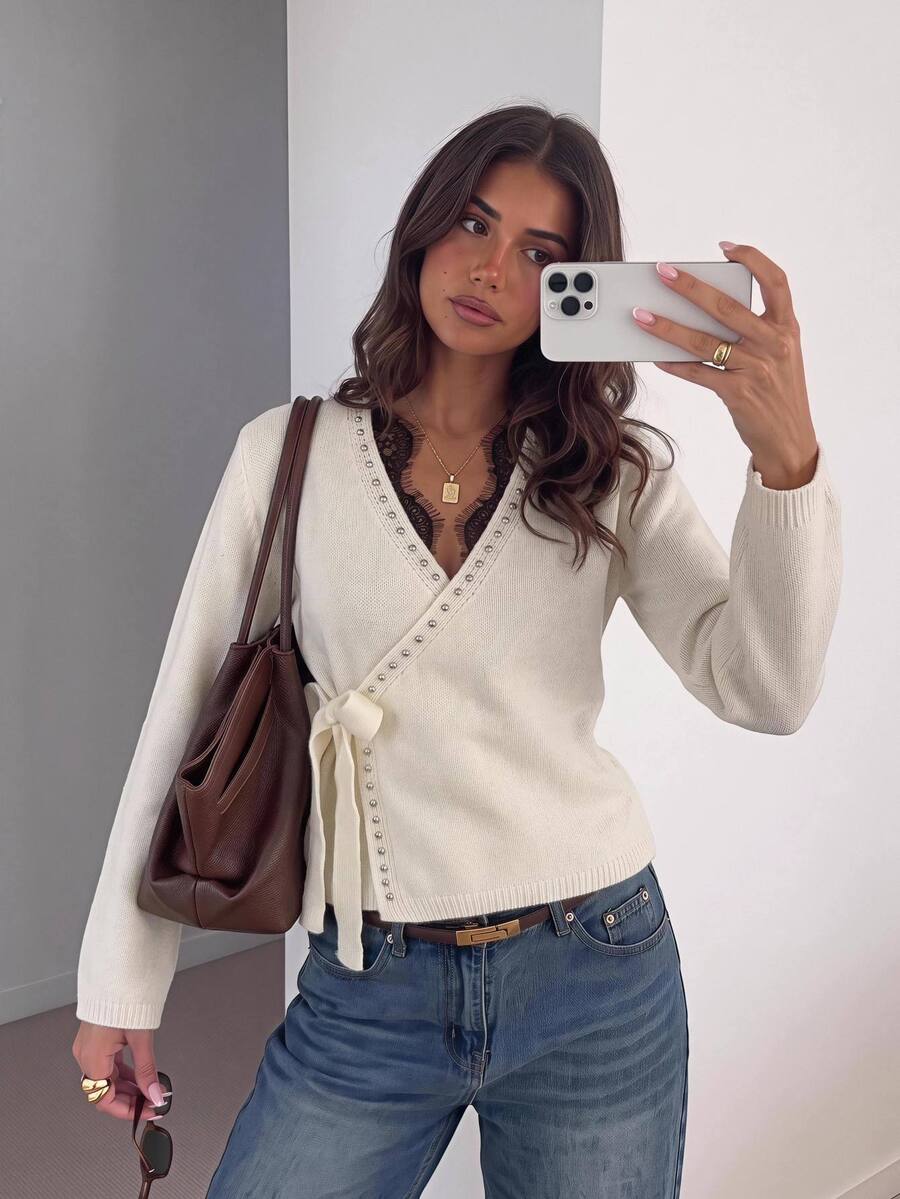 Siren Gaze Women's Fall/ New Lace Patchwork Knit Cardigan Brunch Tea Party Office Cream White French Elegant - Apricot - View 1