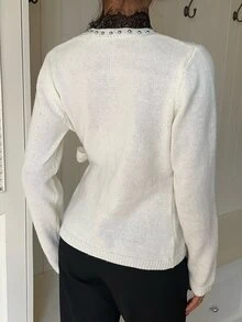Siren Gaze Women's Fall/ New Lace Patchwork Knit Cardigan Brunch Tea Party Office Cream White French Elegant - Apricot - View 2