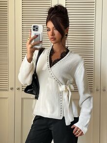 Siren Gaze Women's Fall/ New Lace Patchwork Knit Cardigan Brunch Tea Party Office Cream White French Elegant - Apricot - View 6