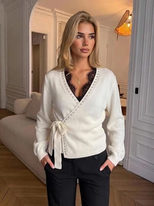 Siren Gaze Women's Fall/ New Lace Patchwork Knit Cardigan Brunch Tea Party Office Cream White French Elegant - Apricot - View 11