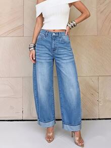 SHEIN PETITE High Waist Wide Leg Jeans Traveling Picnic Light Blue Fall Minimalist Casual Brunch - Blue - View 10