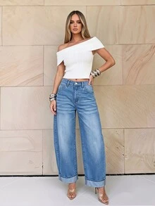 SHEIN PETITE High Waist Wide Leg Jeans Traveling Picnic Light Blue Fall Minimalist Casual Brunch - Blue - View 11