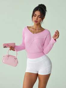 Sovereign Charm Sovereign Charm Women's Solid Color V-Neck Fashion Sports Long Sleeve T-Shirt - Pink - View 3