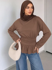 Solavon Women's Solid Color Drop Shoulder Long Sleeve Ruffle Hem Top Office Coffee Brown Summer Casual - Coffee Brown - View 1