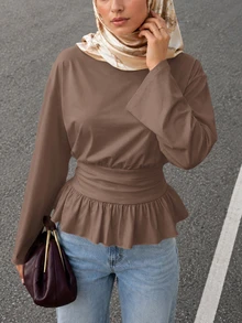 Solavon Women's Solid Color Drop Shoulder Long Sleeve Ruffle Hem Top Office Coffee Brown Summer Casual - Coffee Brown - View 7