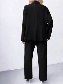 SHEIN LUNE CURVE 大尺碼純色正式優雅西裝外套長褲套裝 辦公穿搭 黑色 - 黑色 - 查看 2