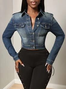 BamGleam Women's Outdoor Fashion Sexy Pocket Button-Up Elastic Slim Fit Vintage Retro Washed Blue Denim Jacket - Dark Wash - View 6