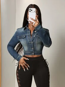 BamGleam Women's Outdoor Fashion Sexy Pocket Button-Up Elastic Slim Fit Vintage Retro Washed Blue Denim Jacket - Dark Wash - View 3