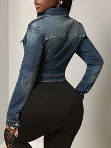 BamGleam Women's Outdoor Fashion Sexy Pocket Button-Up Elastic Slim Fit Vintage Retro Washed Blue Denim Jacket - Dark Wash - View 2