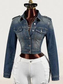 BamGleam Women's Outdoor Fashion Sexy Pocket Button-Up Elastic Slim Fit Vintage Retro Washed Blue Denim Jacket - Dark Wash - View 1