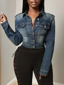BamGleam Women's Outdoor Fashion Sexy Pocket Button-Up Elastic Slim Fit Vintage Retro Washed Blue Denim Jacket - Dark Wash - View 7