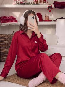 Comfortcana Women's Embroidered Single-Breasted Top And Pants Casual Set Christmas Lounge Burgundy Fall - Burgundy - View 2