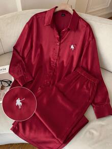 Comfortcana Women's Embroidered Single-Breasted Top And Pants Casual Set Christmas Lounge Burgundy Fall - Burgundy - View 4