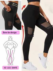 SHEIN EZwear Plus Size Sweet Lace Patchwork Skinny Pants - Black - View 1