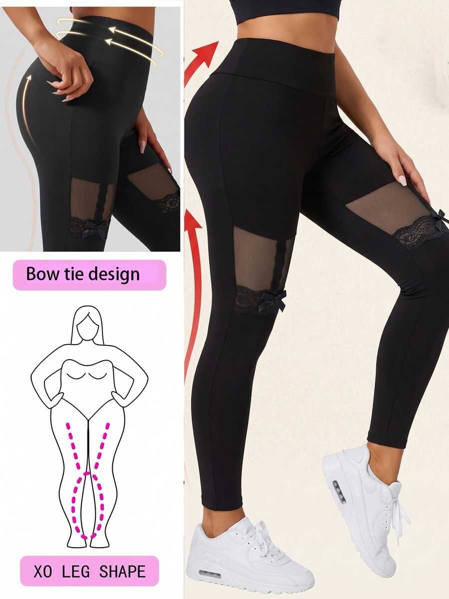 SHEIN EZwear Plus Size Sweet Lace Patchwork Skinny Pants - Black - View 1
