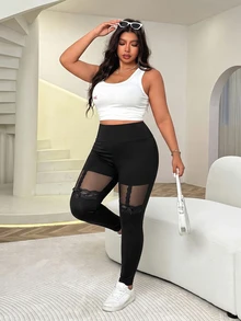 SHEIN EZwear Plus Size Sweet Lace Patchwork Skinny Pants - Black - View 4