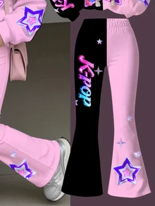 SHEIN Kids Young Girl Letter Cartoon K Pop Print Long Sleeve Autumn Sweatshirt And Sweatpants Casual Daily - Multicolor - View 4