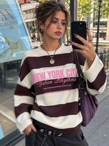 SuriyaCove Women's Autumn/Winter Basic Striped Colorblock Patchwork Round Neck Long Sleeve Top Suitable For Back To School, Travel, Street Style And Casual Occasions - Multicolor - View 4