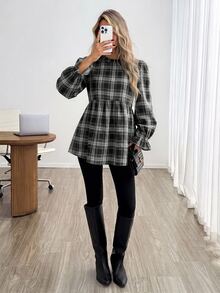 Easowa Women's Minimalist Plaid Bell Sleeve Blouse - Multicolor - View 5