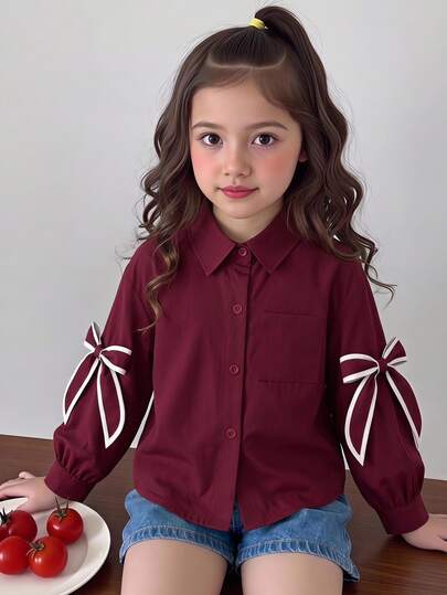 SHEIN Young Girl Button Up Shirt Cute Sweet Burgundy Trimmed Sleeve Bows Pocket Long Sleeve Collared Regular Birthday Party Fall Holiday Princess Outfits