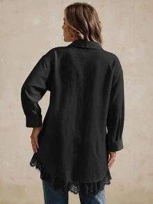 Elegantrix Plus Size Women's Autumn/Winter Long Shirt With Lace Patchwork And Ruffle Hem, Casual Commute Elegant Blouse Fall - Black - View 6