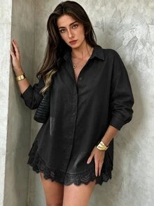 Elegantrix Plus Size Women's Autumn/Winter Long Shirt With Lace Patchwork And Ruffle Hem, Casual Commute Elegant Blouse Fall - Black - View 2