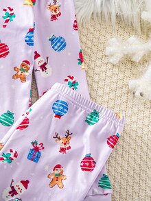 Light Purple Christmas Snowman Gift Cartoon All-Over Print Tween Girl Fitted 2 Pieces Set, High Elastic Slim Fit Crew Neck Long Sleeve Pants Casual Tight Home Wear Sleepwear Pajama Set - Mauve Purple - View 5