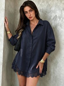 Elegantrix Plus Size Women's Autumn/Winter Long Shirt With Lace Patchwork And Ruffle Hem, Casual Commute Elegant Blouse Fall - Navy Blue - View 2
