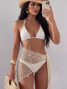 SHEIN Swim 1 件打結側鉤編罩裙 - 杏色 - 查看 4