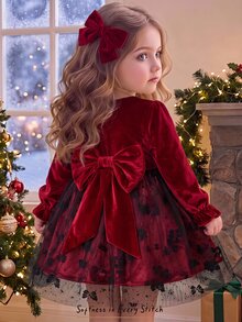 Cozy Pixies Baby Girls Red Velvet Autumn Dress With Back Bow, Mesh Puff Sleeves And Ruffle Hem, Elegant And Cute - Red - View 8