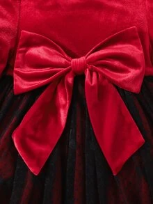 Cozy Pixies Baby Girls Red Velvet Autumn Dress With Back Bow, Mesh Puff Sleeves And Ruffle Hem, Elegant And Cute - Red - View 5