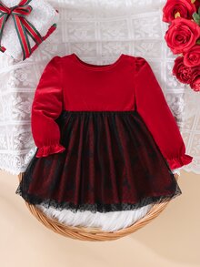 Cozy Pixies Baby Girls Red Velvet Autumn Dress With Back Bow, Mesh Puff Sleeves And Ruffle Hem, Elegant And Cute - Red - View 2